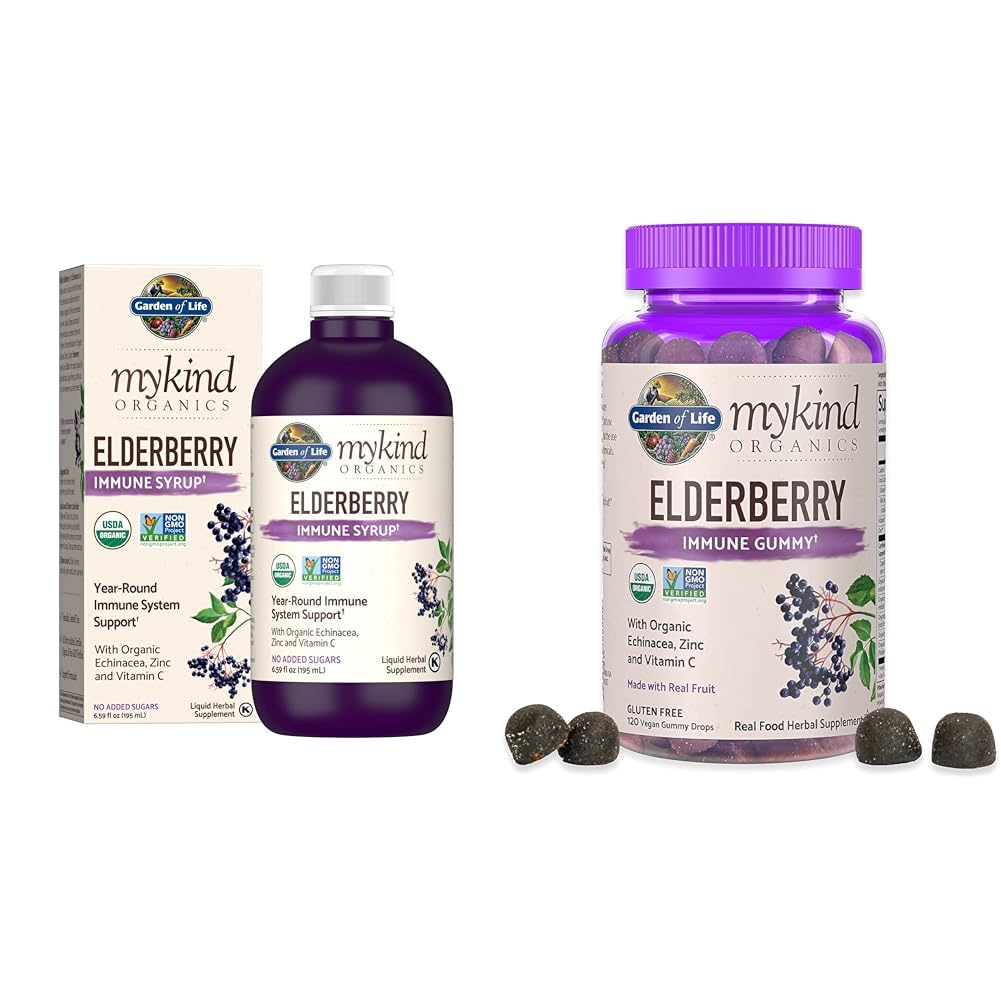 Gradina de viata Organice plante-Based Elderberry Immune Syrup 6.59 fl oz & Organics Elderberry Gummies pentru adulți și copii