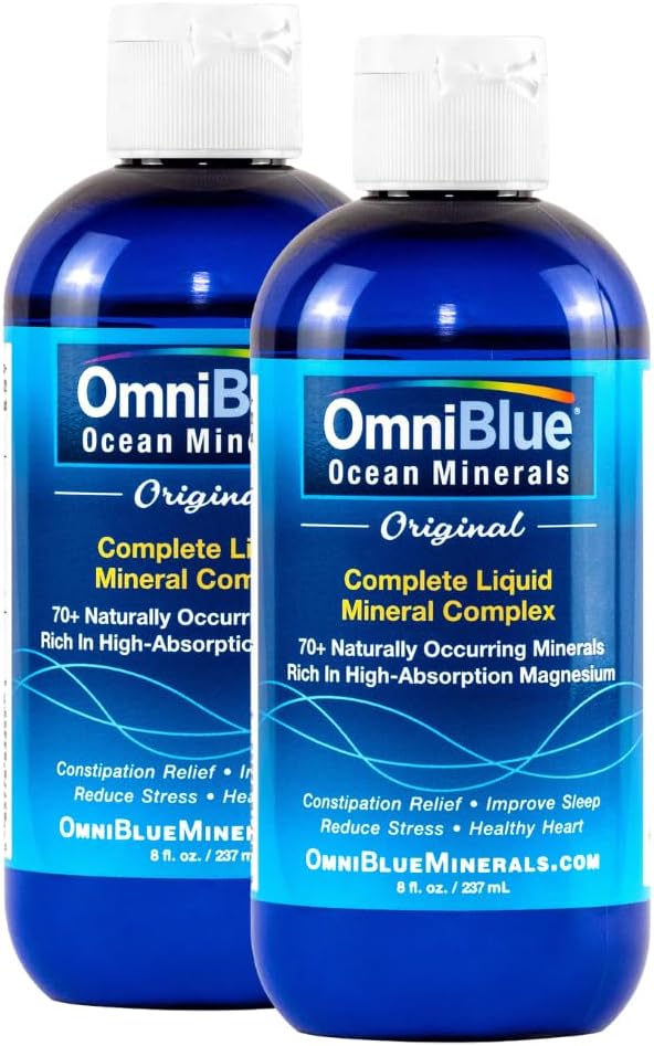 OmniBlue Ocean Minerals - 70+ Trace Minerals & Liquid Magneziu - Potasiu, Clorura- Sodiu scăzut - Suport natural pentru somn, Digestion, Regularitate, Hidratare & Electrolite Balanta (2-Pack 8oz)