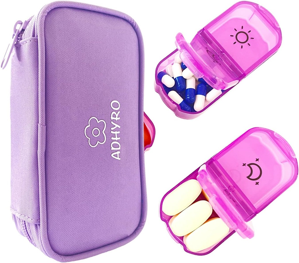 Organizator de pastile de 2 ori pe zi, cutie de pastile mare AM/PM săptămânale 7 zile cu pastile caz cu etichete scriebile și protecție de confidențialitate sac de fermoar lumina-Purple pentru a deține suplimente, vitamine și uleiuri de pește