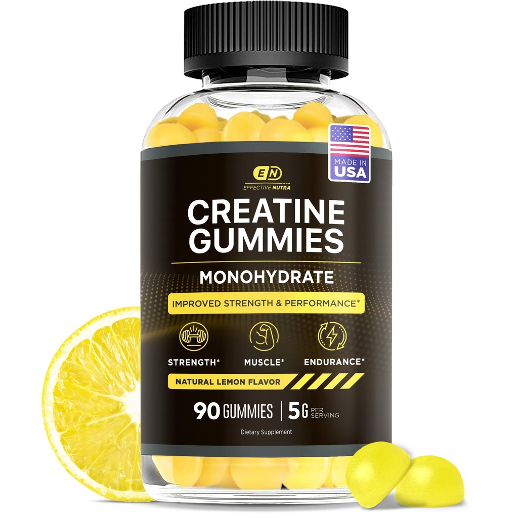 Nutra Creatin Monohidrat Gummies - 1g Creatina per Gummy - Vegan Muscle & Force Supplement for Men & Women - Sustine cresterea musculara, energie, rezistenta - Aroma de lamaie, Made in USA (90ct)