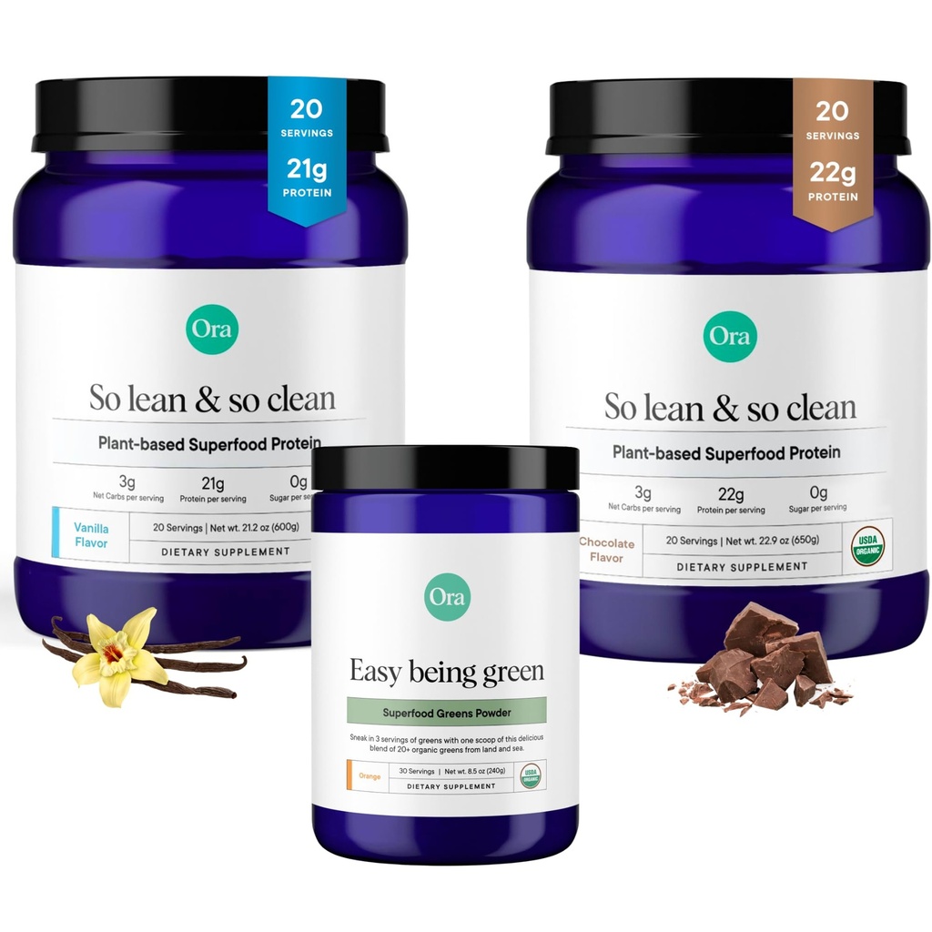 Ora Organic Vegan Proteina praf Ciocolata, Vanila & Verdes Praf Bundle: 22g Plant based, Ciocolata, 20 Serviri + 21g Plant based, Vanilie, 20 Serviri + Ecologic Super Greens băutură, 30 Serviri