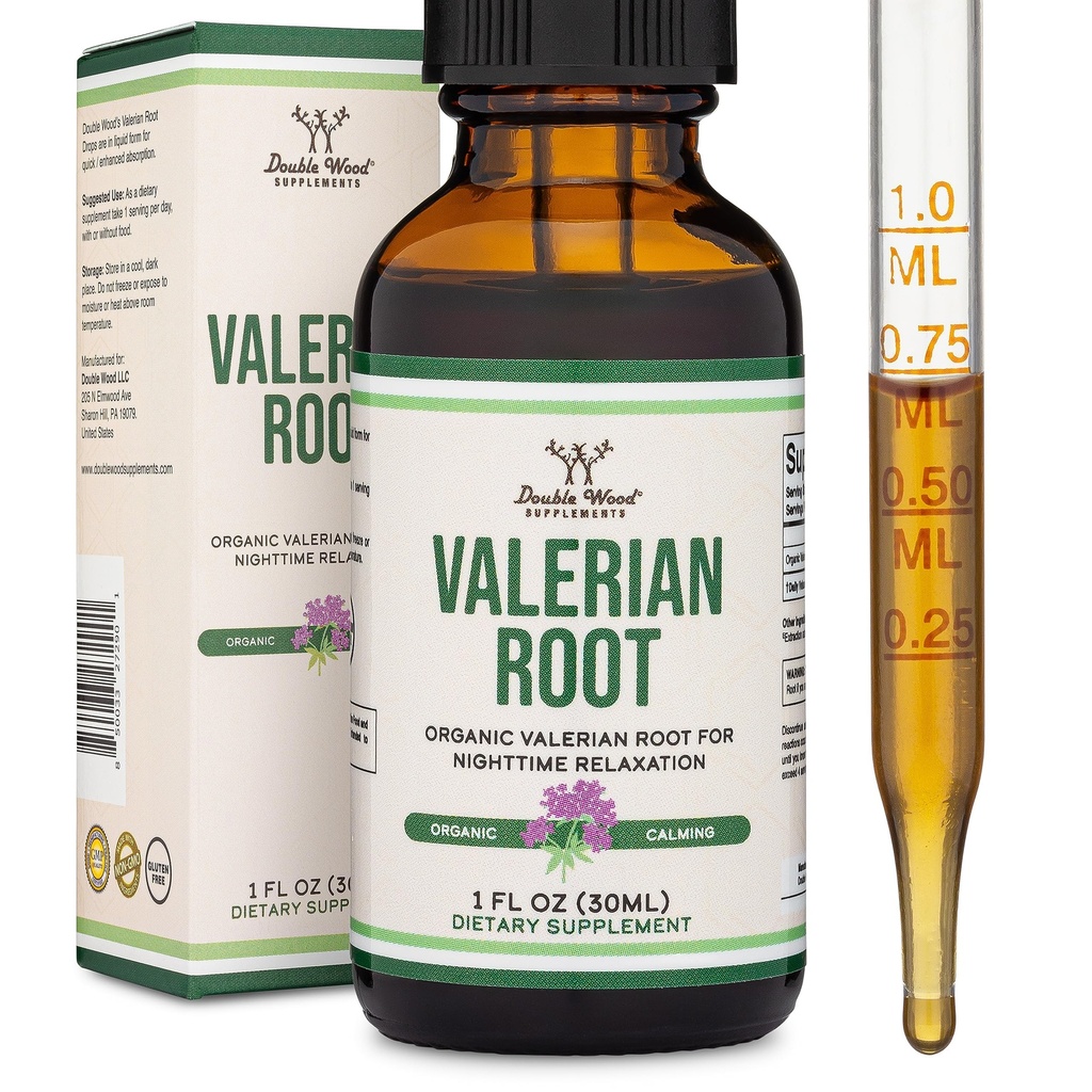 Picături de rădăcină de valeriană pentru somn - extract de tinctură valeriană organică 168mg - 1 FL OZ, 30 serviri (mai bine absorbite decât capsulele, îmbunătățește ceai de rădăcină de valeriană) pentru relaxare și calm de lemn dublu