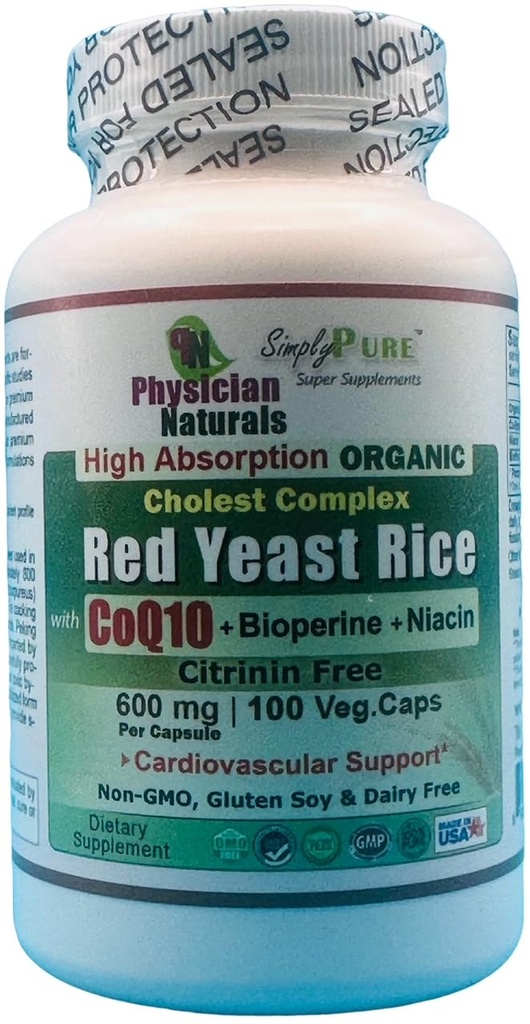 Rice organic Red Yeast w CoEnzyme Q10 și Piperine 600 mg de înaltă absorbție 100 Veg Caps 1200 mg per Serving