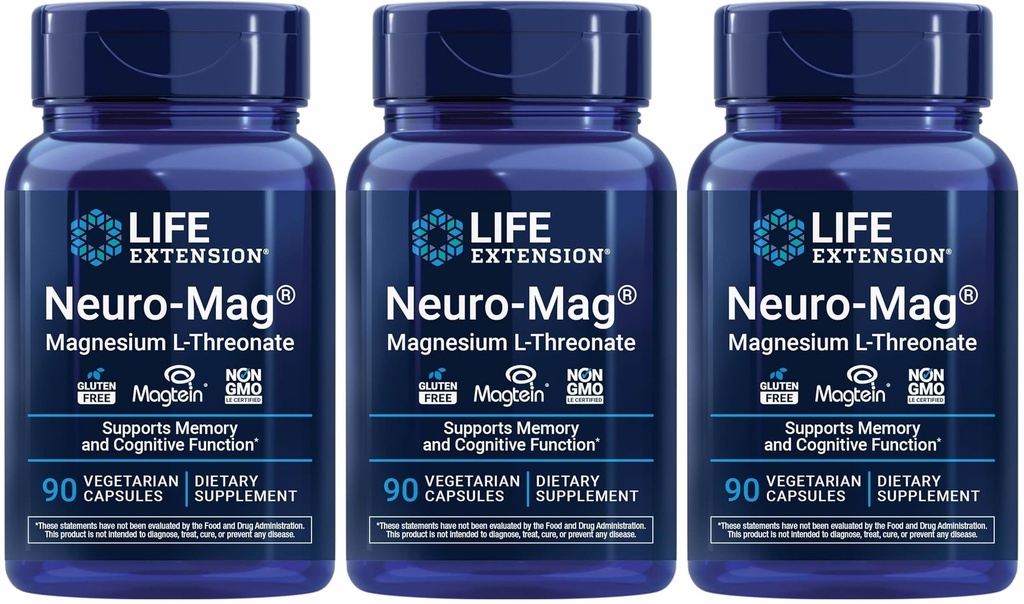 Life Extensie Neuro-mag Magneziu L-treonat, 90 Count (Pachet de 3)