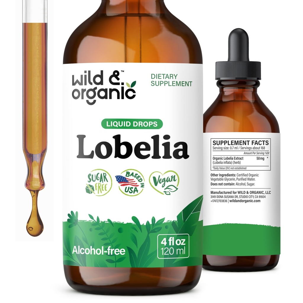 Wild & Organic Lobelia Tincture - Lung Detoxifiere și Curățenie - Liquid Lobelia Herb Supplement - Vegan, Sugar & Alcohol Free Leaf Extract picături - 4 fl oz