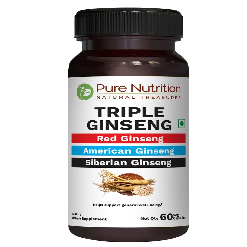 Pure Nutrition Triple Ginseng - o combinație unică și eficientă de Red Ginseng, American Ginseng și Siberian Ginseng. 790 mg per capsulă 