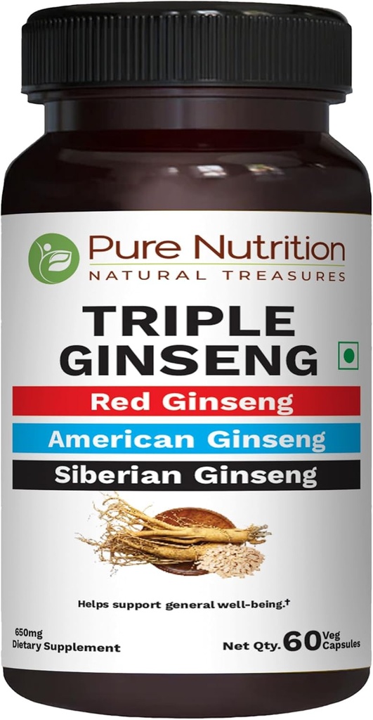 Pure Nutrition Triple Ginseng - o combinație unică și eficientă de Red Ginseng, American Ginseng și Siberian Ginseng. 790 mg per capsulă 