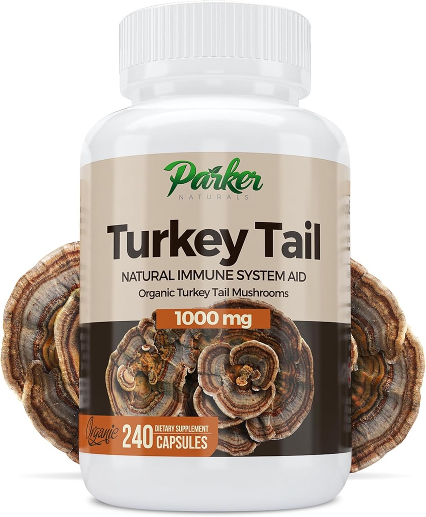 Parker Naturals Turcia Tail capsule ciuperci - Organic Mushroom Supplement for Immune System Health Support - 1000 mg Premium Mushroom Supplements - 240 capsule