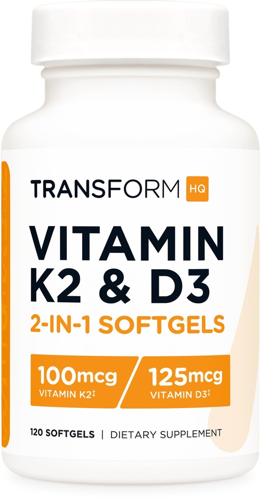 Vitamina K2 TransformHQ (MK7) (100mcg) + vitamina D3 (5000 UI) 120 Softgels - Gluten Free și non-GMO