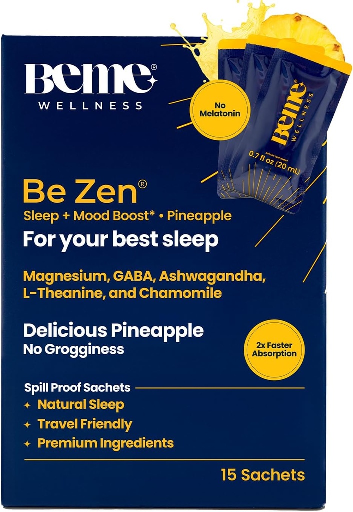 BeMe BeZen Sleep Supplement Natural Without Melatonin - 2X Absorbtion Than Pills - Sleep Adids for Adulți cu Magneziu, Ashwagandha, Mușețel, L-Theanină & GABA - Ananas delicios