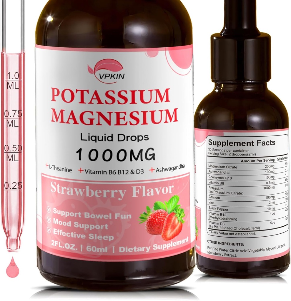 Potasiu Magneziu Citrate Supliment,Magnesium Picături lichide cu magneziu Glicinat 1000mg cu Ashwagandha,Zinc,Suport Clam & Suport Sistem imunitar (Strawberry,2 FL.OZ.)