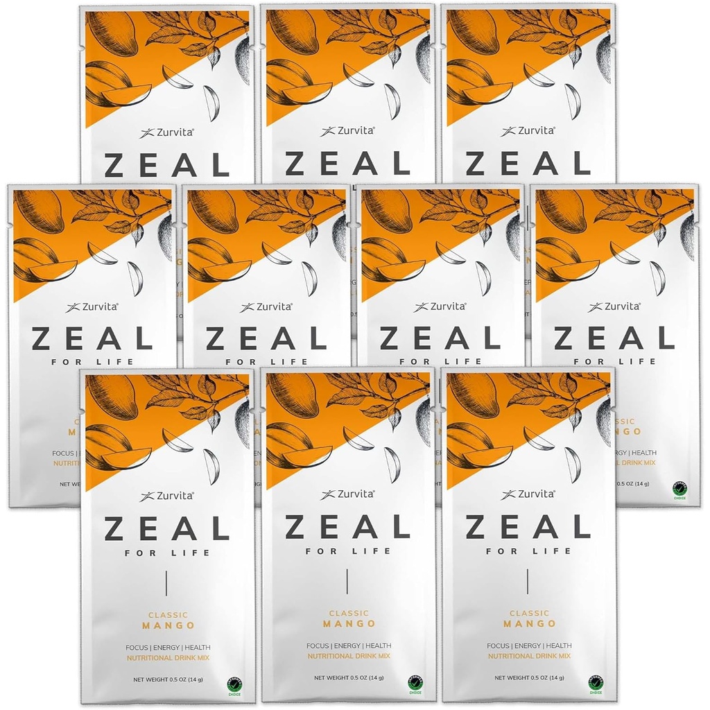 Zurvita - Zeal for Life Wellness Drink Mix - Classic Mango Flavor - Gluten-Free, Vegan, cu Biotina, Vitamine si Minerale pentru sanatate - 10 Pachete