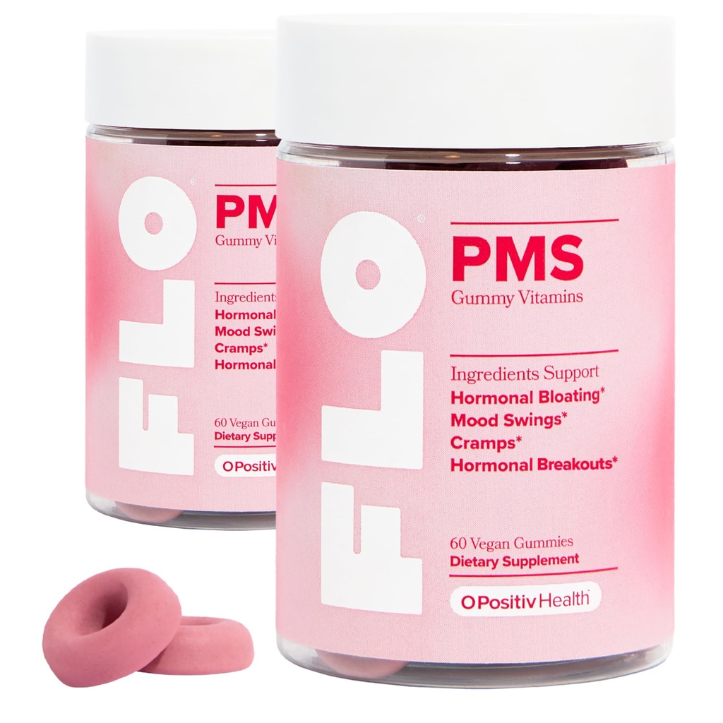 O positiv FLO PMS Gummies for Women - Proactive PMS Relief - Ţinte Hormonal Breakouts, Bloating, Cramps, & Mood Swings cu Chasteberry, Vitamina B6, & Lemon Balm - PMS Gummies (Pachet de 2)