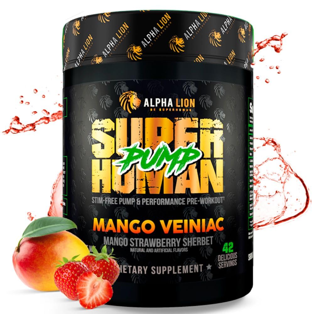 ALPHA LION Pompă Superumană Pre Workout pulbere, Nootropic Caffeine & Stim Free Preworkout Supliment, Nitricoxid Booster, Muscle Gainer, Energy & Focus (42 Servings, Mango Veiniac Flavor)
