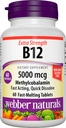 Webber Naturals Vitamina B12 5000 mcg, 60 Conte, comprimate de dizolvare rapidă, Supplement de vitamina suport pentru metabolismul energetic, Immune și Heart Health, Formula vegetariană, 60 zile de aprovizionare