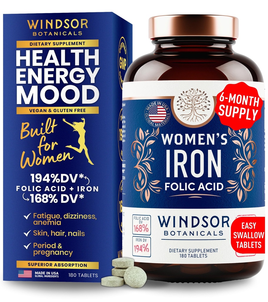 Suplimente de fier si acid folic pentru femei - 35mg Vitamina de fier blând, Acid folic 400mcg - Anemie, perioada, Suplimentul de suport pentru sarcina, Pastile sulfate feros - 180 Vegan comprimate non-conspitante
