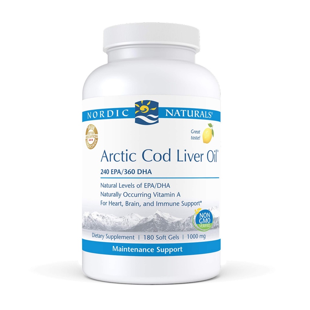 Nordic Naturals Pro - Arctic Cod Ulei de ficat CLO, Sprijină Heart and Brain Health - Lemon-Flavored 180 Soft Gels