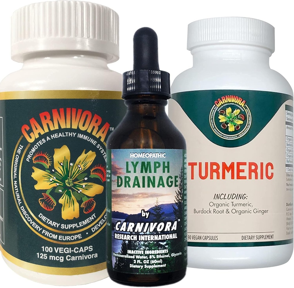 Carnivora Triple Play - Immune System Support, Lymph System Flush, și Îmbunătățirea pentru articulații și digestion (Bundle cu 1 sticlă Fiecare dintre Carnivora Vegi-Caps, Limph Drainage, și Turmeric)