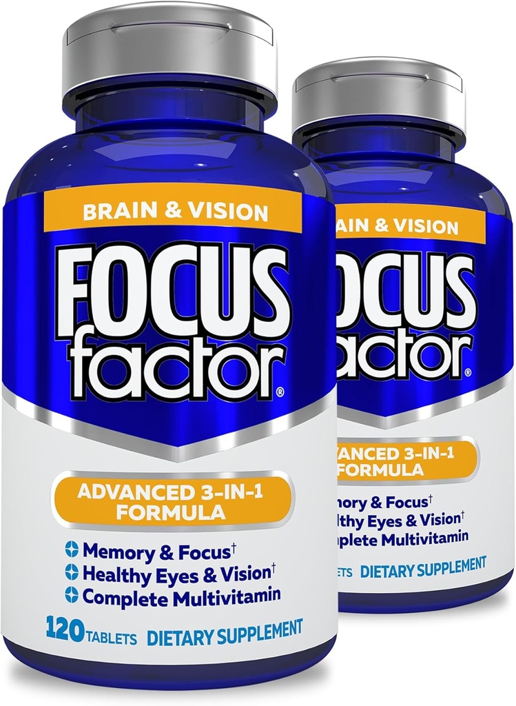 Focus Factor Adulți Creier și Vision Supliment, 120 Conte- ochi Vitamina, Suplimentul mineral, Multivitamine complete cu lutein & Zeaxantină-Brain Supliment pentru Focus, Concentrare, Memorie (2 Pk)