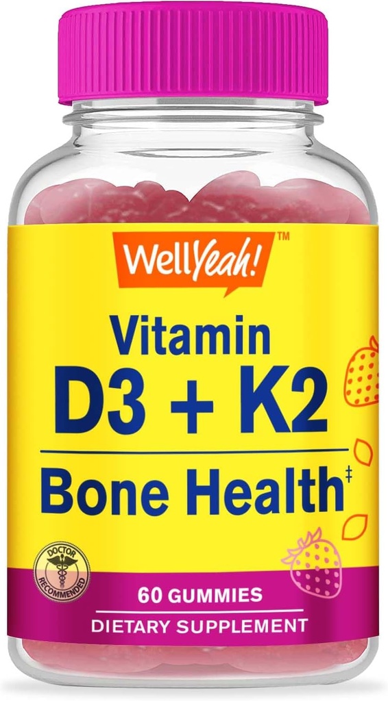 Ei bine Da Vitamina D3 + K2 Gumiile - Vitamina D3 1000 UI, K2 100 MCG - Suportul pentru sanatatea osoasa si musculara, Aroma naturala, GMO gratuit, Gluten gratuit, Vegan - K2 D3 Suplimentul de vitamine- 60 Gume