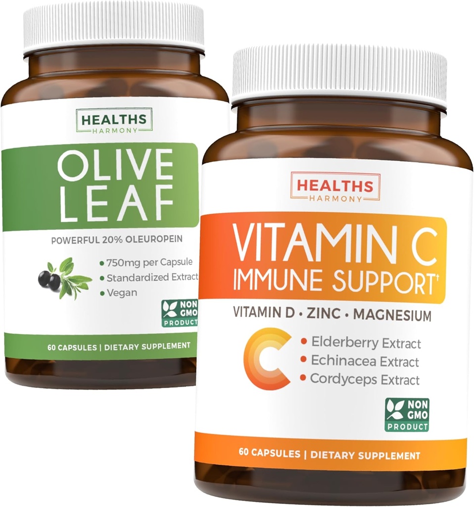 Salvaţi $4 (12% off) - Herbal Immune Bundle - Olive Leaf Extract (Non-GMO) Super Putere: 20% Oleuropein 750 mg capace şi suport imunitar - Vitamina C cu zinc, vitamina D, elderberry & Echinacea (Non-GMO)