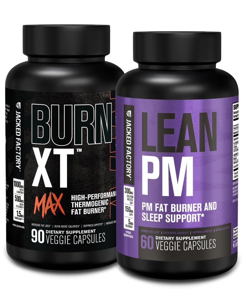 Fabrica Jacked 24/7 Fat Burner Stack - Burn XT MAX de înaltă performanță Fat Burner (90 capsule) - Lean PM Nighttime Sleep Support for Weight Loss and Appetit Suppression (60 capsule)