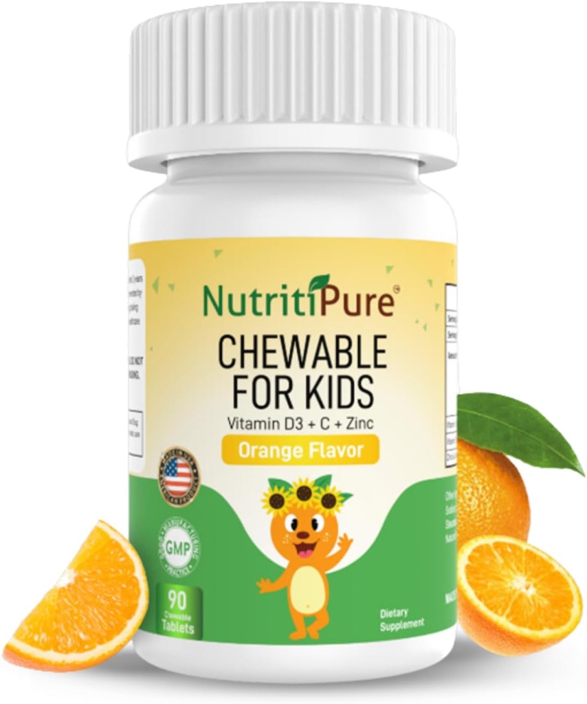 Vitamina D3 masticabilă (colecalciferol) 25 mcg (1000 UI) + Zinc (citrat de zinc) 5 mg + vitamina C 30 mg pentru copii Aromat de portocale 90/Sticlă (1)