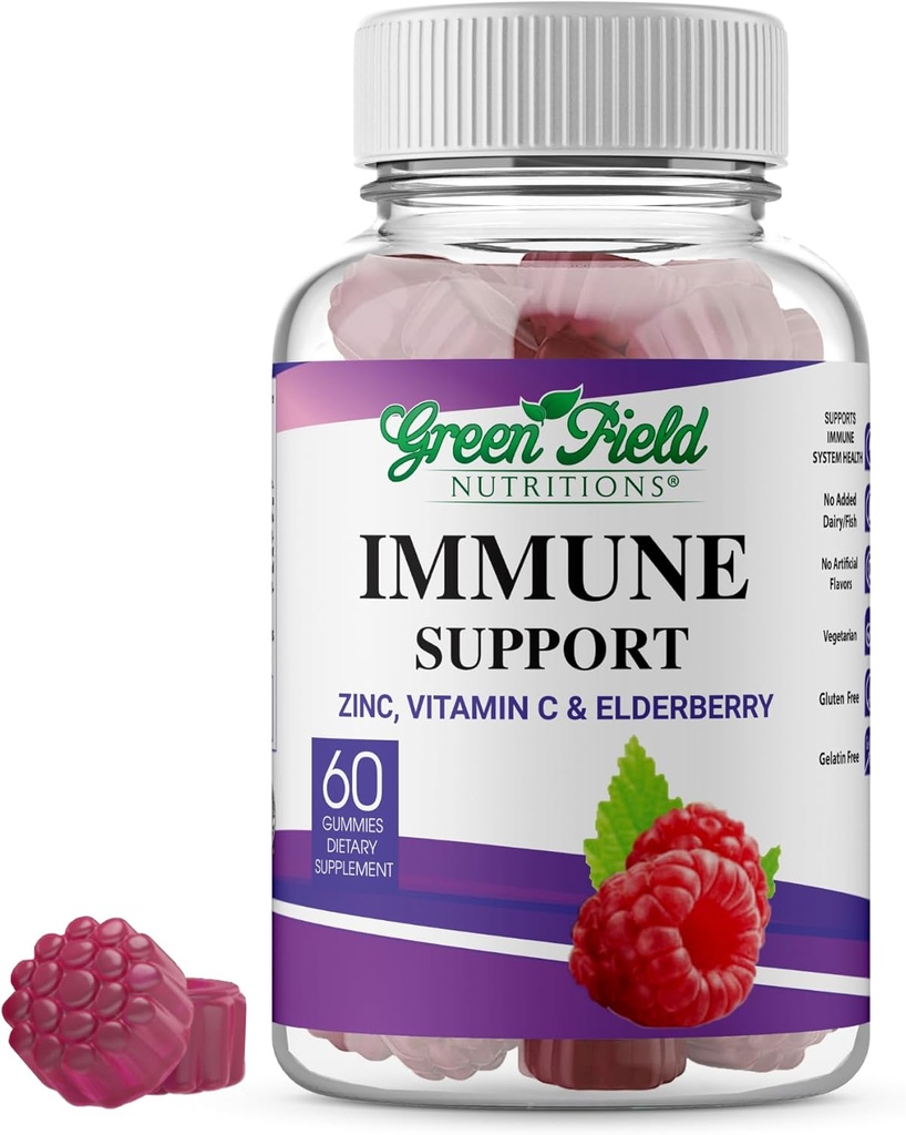 Greenfield Nutriții Halal Immune Support Gumiile Elderberry pentru adulți - susține sistemul imunitar natural cu zinc halal și vitamina C Gummy - 60 Delicious mixt Berry Gummies Vitamine Halal