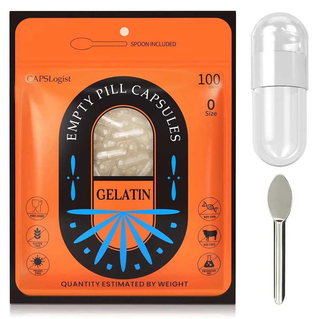 Capsule cu pilulă Dimensiune goală 0, 100 Capsulă cu contor Gelatină cu micro Lab Spoon, capsule cu pilulă de umplere, gluten gratuit şi non-GMO certificate, clare