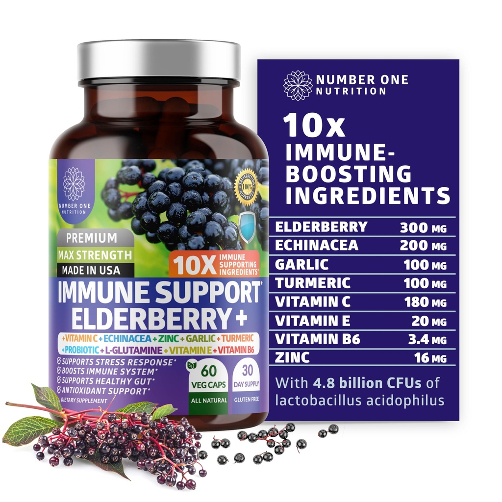 Premium 10 in 1 Supliment de suport imun [10 Ingrediente potente] cu Elderberry, Vitamina C, Echinacea, Zinc si Probiotic pentru Suport Imun, Sanatate si Digestie mai buna, 60 Capace Veg
