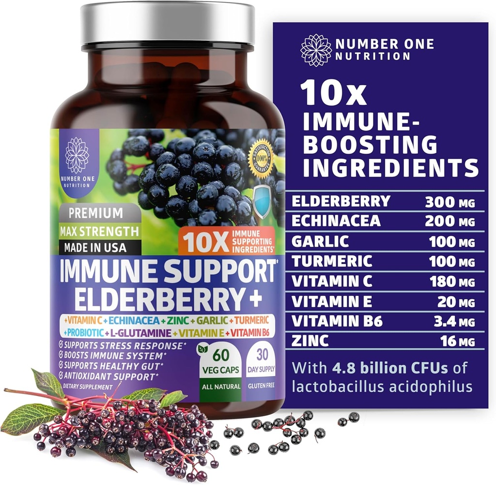 Premium 10 in 1 Supliment de suport imun [10 Ingrediente potente] cu Elderberry, Vitamina C, Echinacea, Zinc si Probiotic pentru Suport Imun, Sanatate si Digestie mai buna, 60 Capace Veg