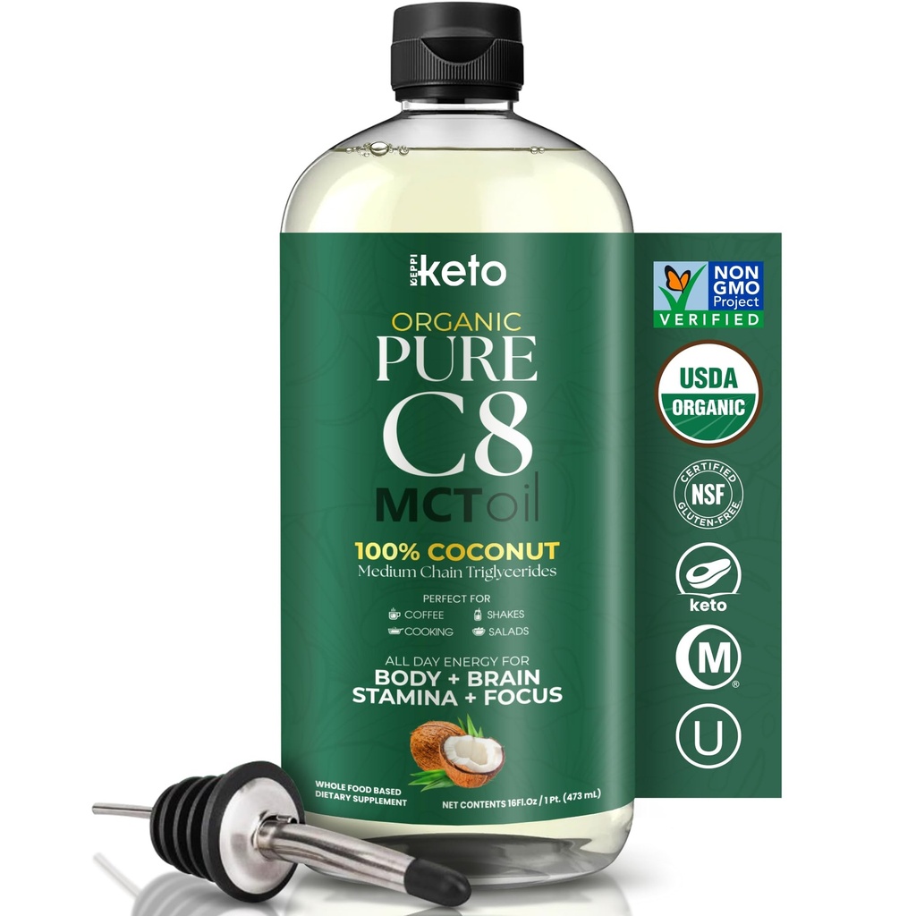 Keppi Organic MCT Ulei - C8, Non-GMO, Certified Organic, Gluten-Free, Palm Oil Free, Vegan, Kosher, Halal, 16 oz Ulei de cocos
