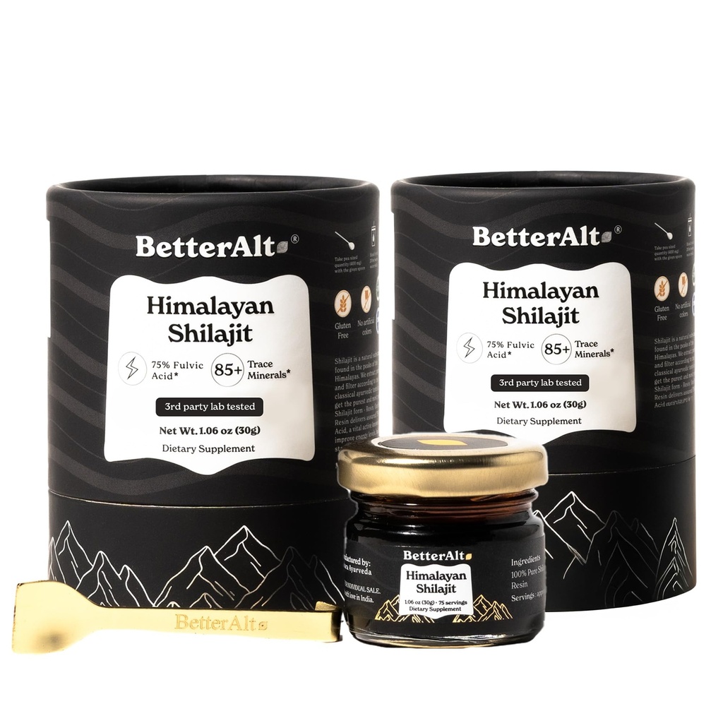 Mai bine Alt Pure Himalayan Shilajit Resin Pack de 2 grad de aur de mare potenta 150 Serviri pentru energie Boost & Immune Support, 85+ Trace Minerale, 75%+ Acid fuzelian, cu Lab Raport,400 mg