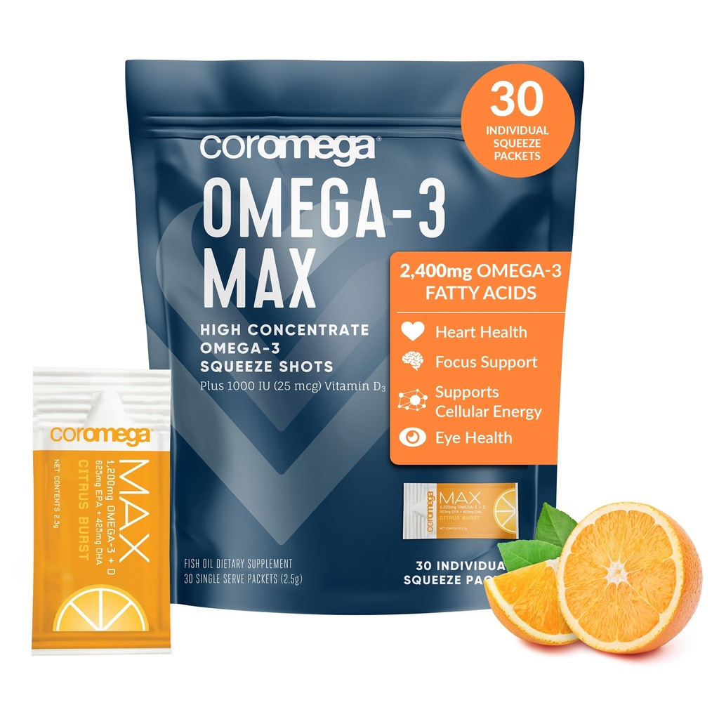 Coromega MAX 2400mg Ulei de pește Omega-3 + Vitamina D Pachete de stors, Wild-Caught, fără gust de pește - 3X Absorbție mai bună decât Softgels, susține creierul și sănătatea inimii (30 Servings, Citrus Burst)