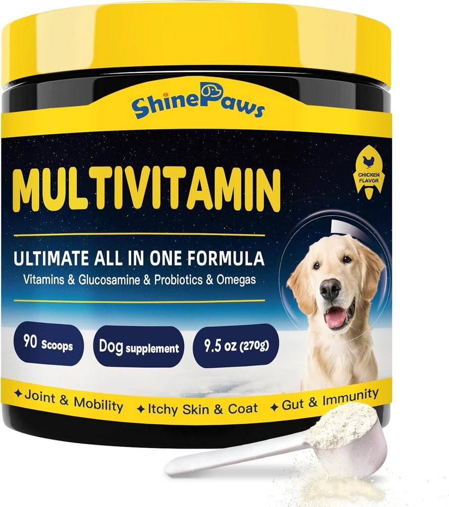 Dog Vitamine, Dog Multivitamine Pulbere, cu Probiotice, Glucosamină, Omega 3, Suport Gut, Joint & Mobilitate, Mâncărime Piele & Coat, Minerale & Antioxidant pentru Immune Health, Daily Essential Dog Suplimente