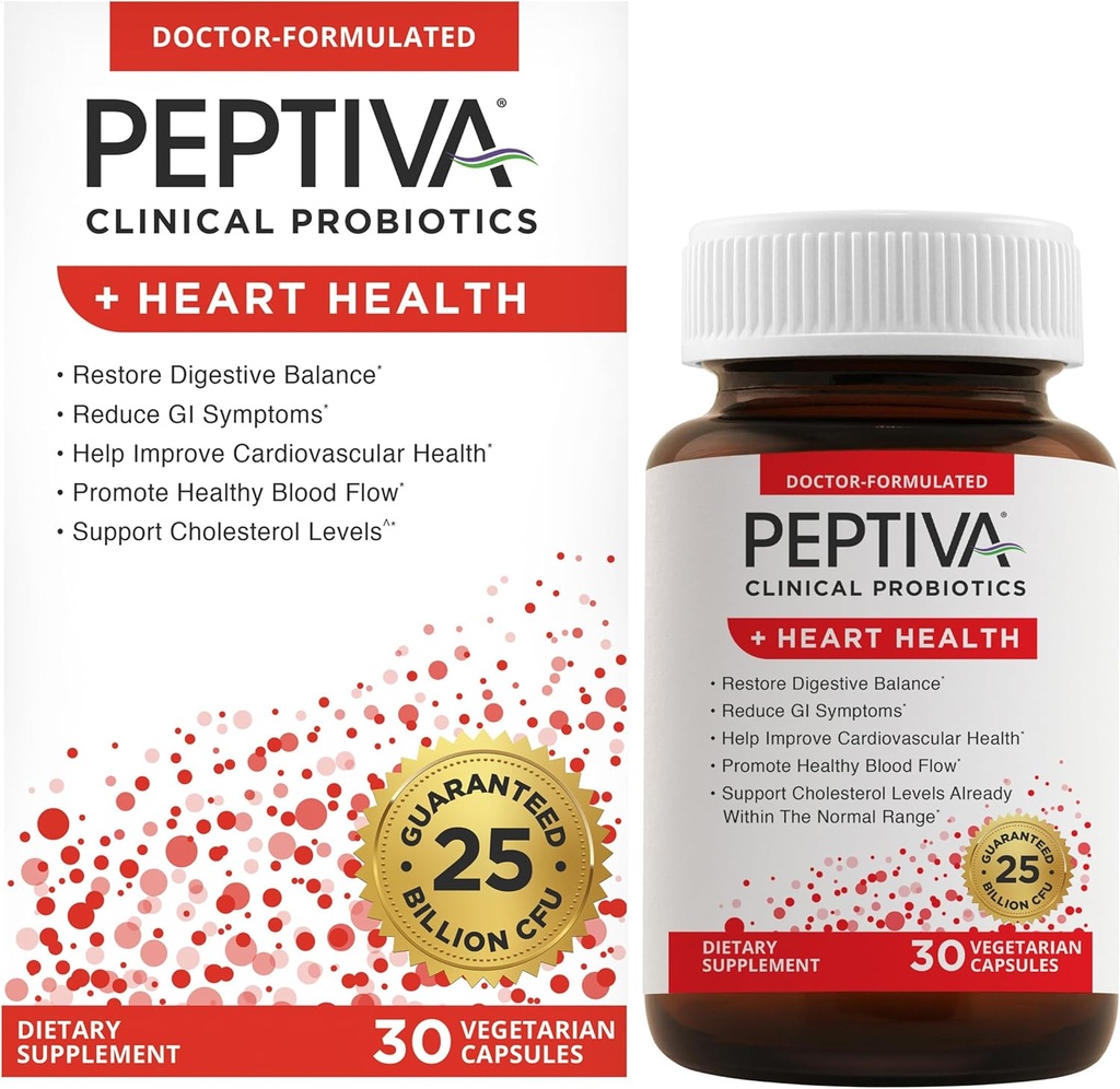 Peptativa Probiotices Heart Health - Heart Health Supplement, 25 Miliarde CFU, Multi-Strain Probiotic, Lactobacillus Acidophilus, Bifidobactery, Digestive Support - 30 Capsule vegetariene