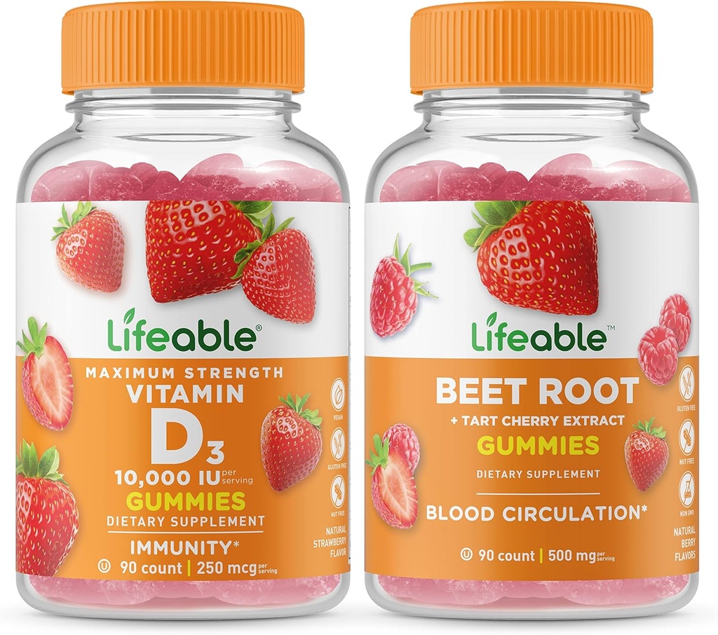 Vitamină vie D 10000 UI + rădăcină de sfeclă, gumă de mestecat - mare gustare, supliment de vitamine, gluten gratuit, OMG gratuit, gumă de mestecat