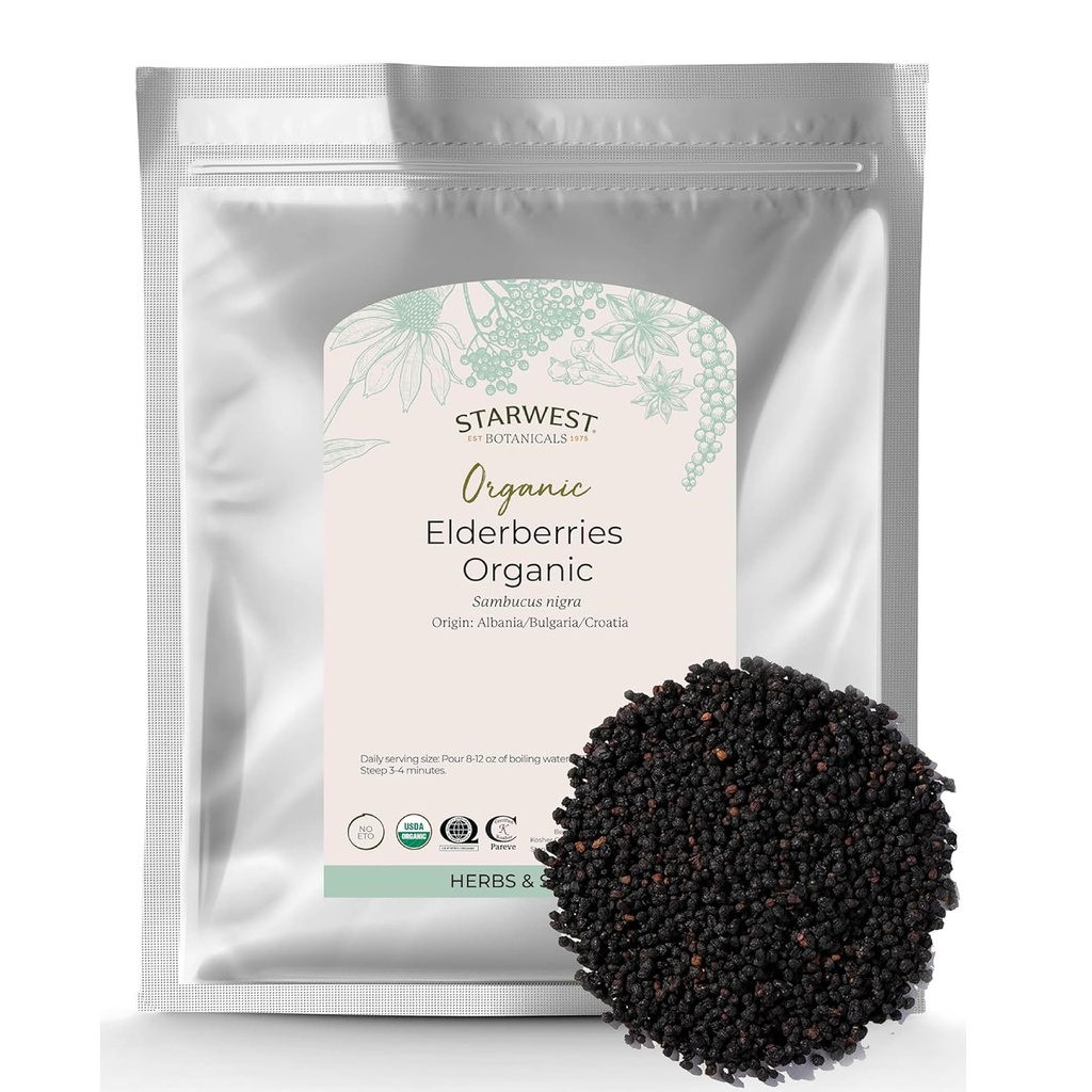 Starwest Botanicals Ecological Elderberberries - fructe de soc uscate pentru Syrup, Ceai, Gumies, & Jam, Natural Immune Support, Certified Kosher, Non-GMO - vrac 1 lb Bag