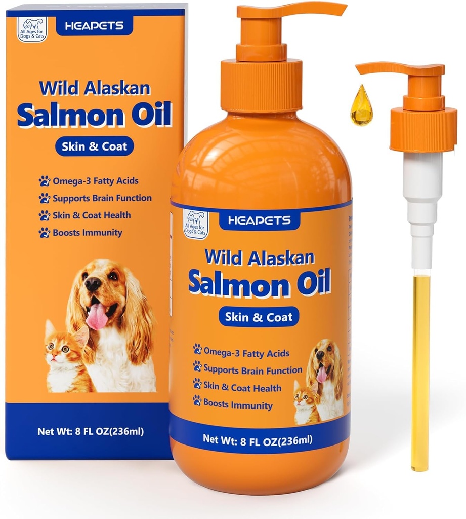 Ulei de somon sălbatic Alaskan pentru câini și pisici, ulei de pește Omega 3 Suplimente cu EPA & DHA pentru piele și blană, imun, creier, comun și inima de sănătate, Dog & Pisica Suplimente de ulei de pește cu pompa- 8 oz