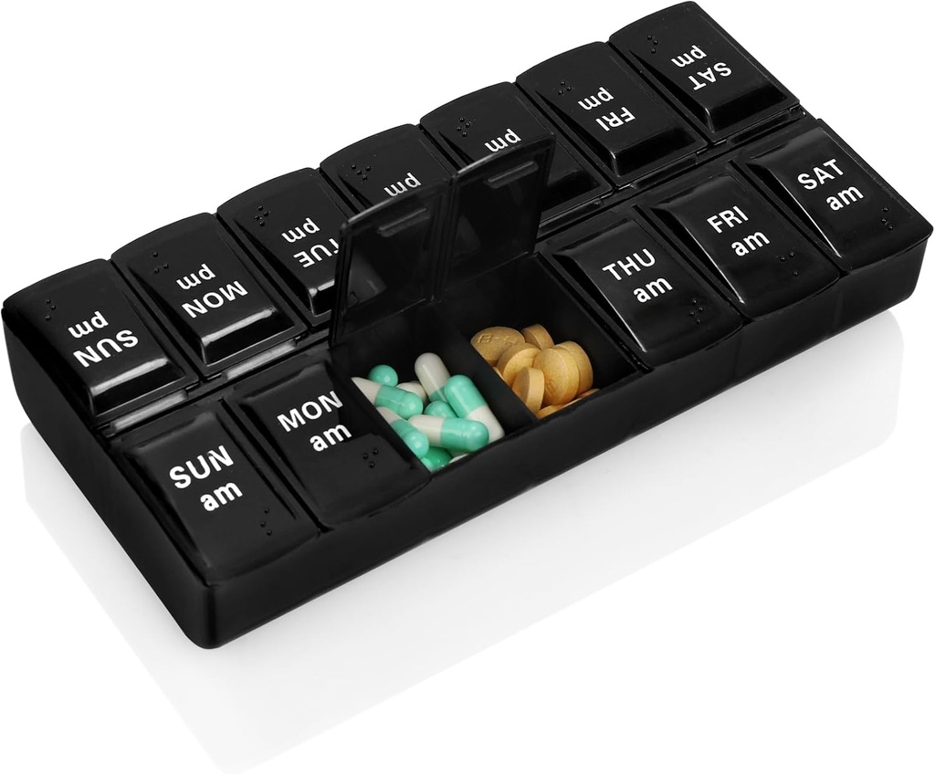 Weekly Pill Organizer 2 Times A Day 7 Day Pill Box Holder Large Daily Medicine Organizer Travel Pill Case Pill Container (2 Times Black)
