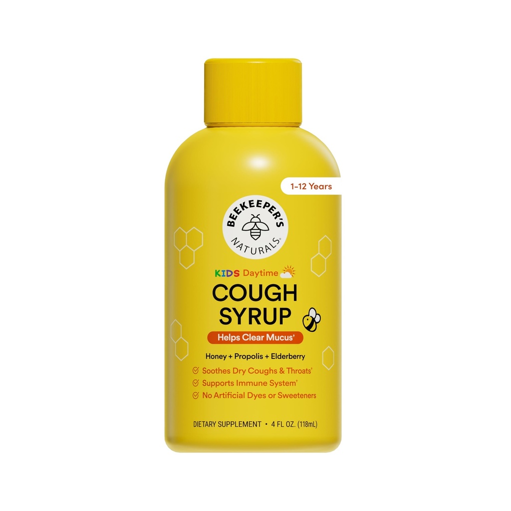 Naturals Abekeeper's Propolis Honey Tuse Syrup Daytime pentru copii Suport imunitar cu Elderberry, Vitamina C, Vitamina D & Raw Honey - Throat Soothing - Gluten gratuit & Ingrediente curate, 4 oz.