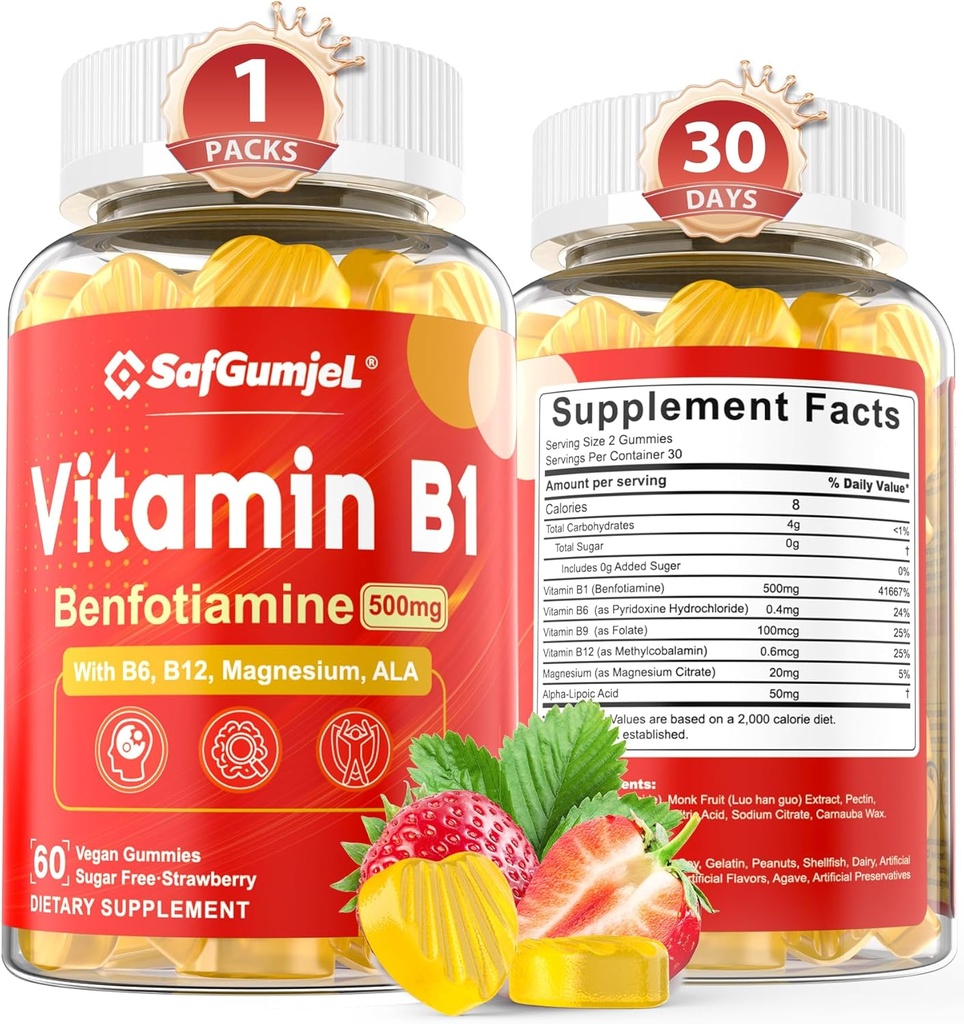 Vitamin B1 Gummies | Benfotiamine 500mg with Vitamin B6 B9 B12 & Magnesium for Nerve Health, Energy & Metabolism Support | Sugar Free, Non GMO, Vegan, 60 Counts