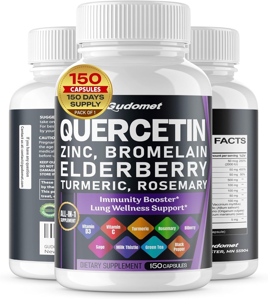 Quercetin Bromelain Zinc Vitamina D3 Elderberry Turmeric Rosemary Bilberry Sage Odorless Usturoi Ceai Verde Lapte Thistle Oregano -150 Capsule - Made in USA