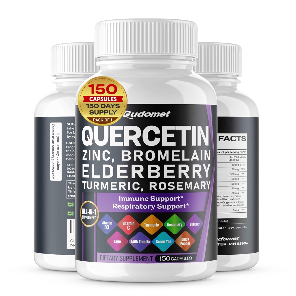 Quercetin Bromelain Zinc Vitamina D3 Elderberry Turmeric Rosemary Bilberry Sage Odorless Usturoi Ceai Verde Lapte Thistle Oregano -150 Capsule - Made in USA