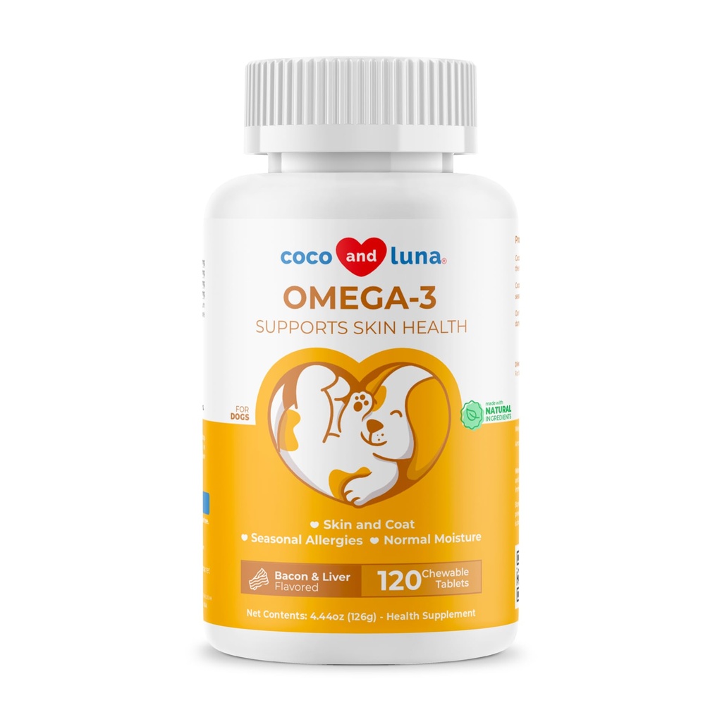 Omega 3 ulei de pește pentru câini - 120 comprimate masticabile - cu Omega 3, 6 și 9, vitamina E pentru vărsarea câinilor, mâncărime, piele uscată, suport comun și cardiac
