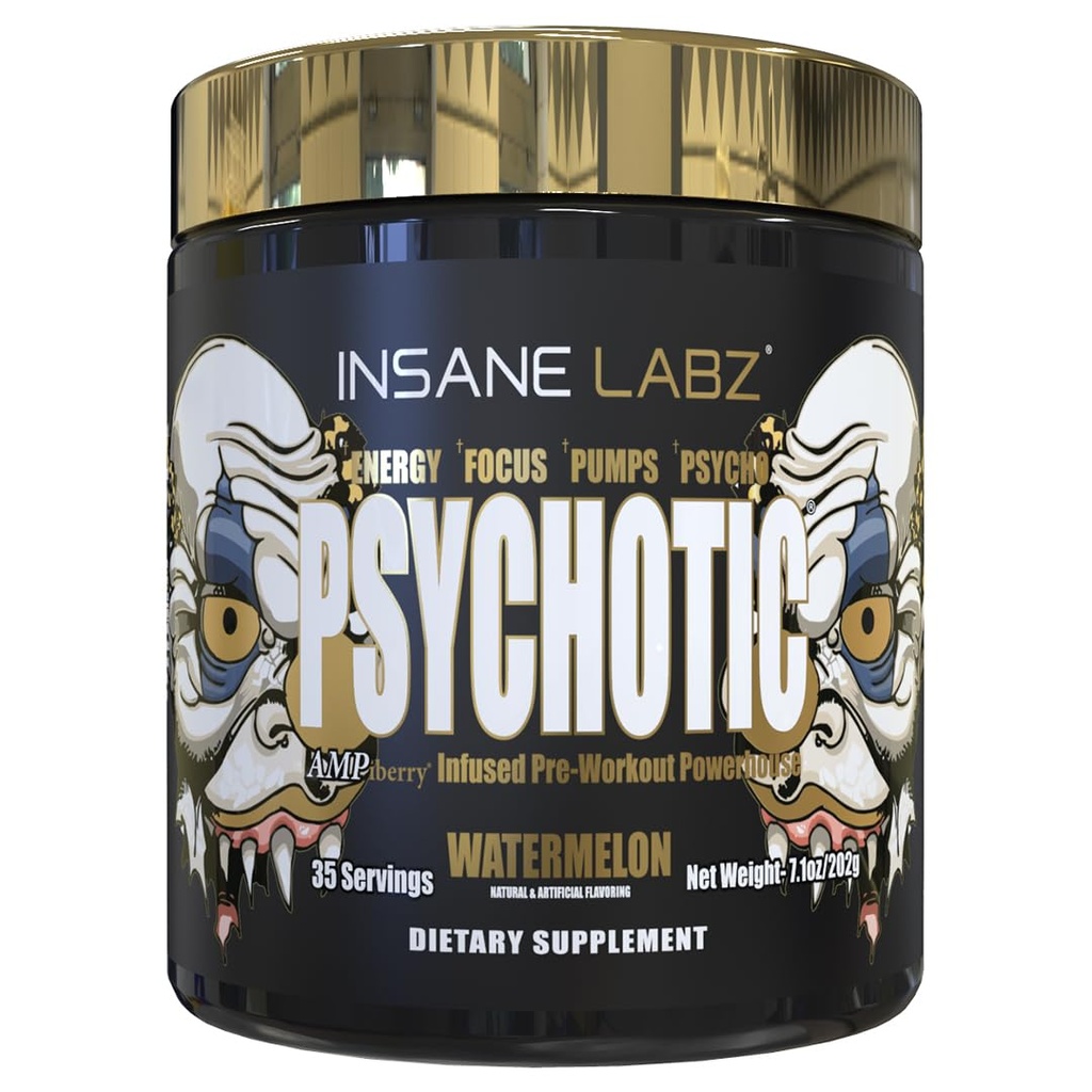 Insane Labz Psychotic Gold, High Stimulant Pre Workout Powder, Extreme Lasting Energy Focus, Pompe și Endurance cu Beta Alanine, DMAE Bitartrate, NO Booster (35 Servings, Pepene verde)