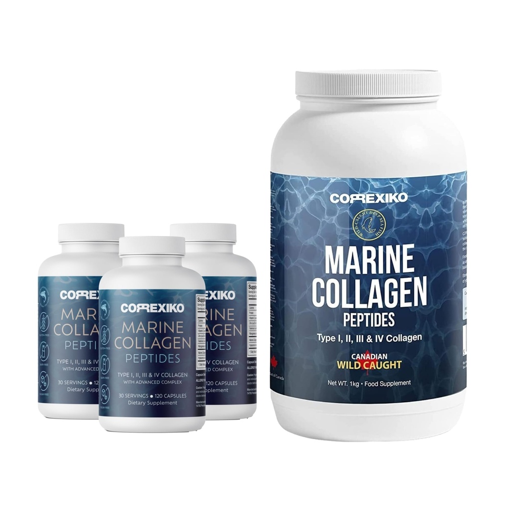 CORREXIKO Marine Colagen Supliment Pastile & Praf Bundle 3 Luna de aprovizionare - Include 10.000 mg dublu hidrolizat Colagen pulbere 1kg & 1800 mg Colagen Peptide 360 capsule - pentru par, piele si unghii