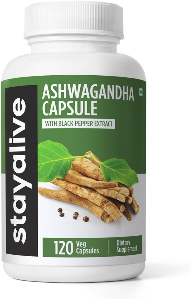 STAY ALIVE Ashwagandha cu Pepper negru, 10:1 Extract, 120 pastile, 100% pulbere de rădăcină pură, capsule de extra rezistență, non-GMO și gluten suplimente Ashwagandha gratuite pentru femei și bărbați