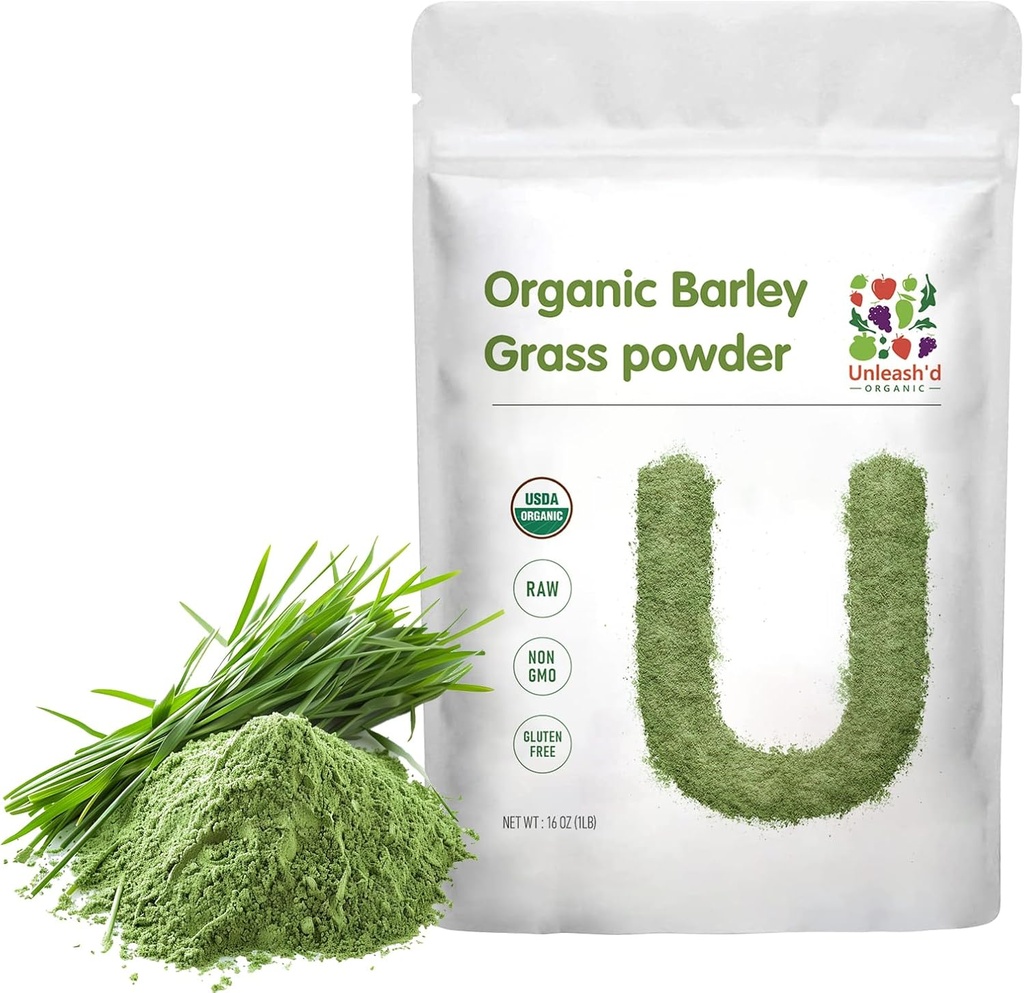 UnLEASH'D ORGANIC Barley Grass Powder 1 Lire 100% Pure & organic, Superfood Greens bogat în vitamine, minerale, fibre și antioxidanți