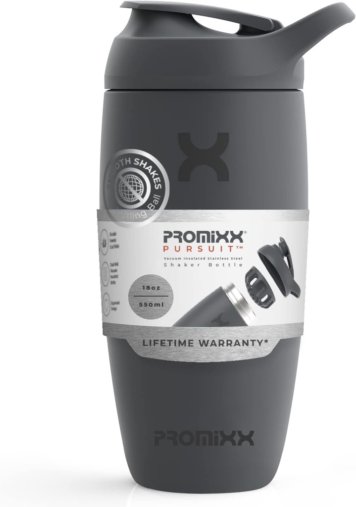 Promixx Pursuit Shaker Sticla izolat din oțel inoxidabil de apă și Shaker Cup, 18oz, Graphite Gray